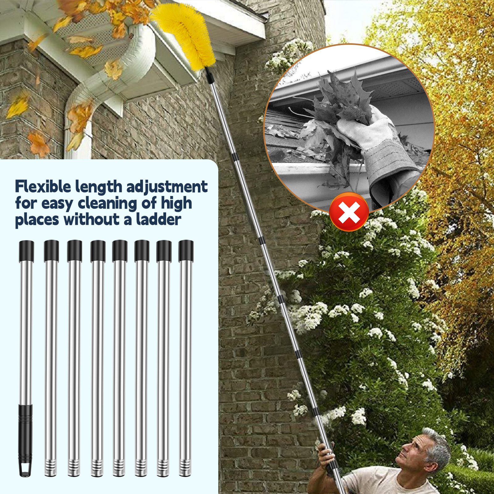 1 set   telescopic gutter cleaning brush set plastic garden supplies for patio manual leaf   cleaner no electricity needed extendable gutter cleaning pole tools for courtyard maintenance details 4