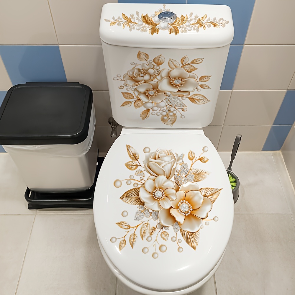Image of Golden Floral Bathroom Toilet Decorative Stickers, Suitable For Home Bathroom Toilets, Enhancing Of The Bathroom Space
