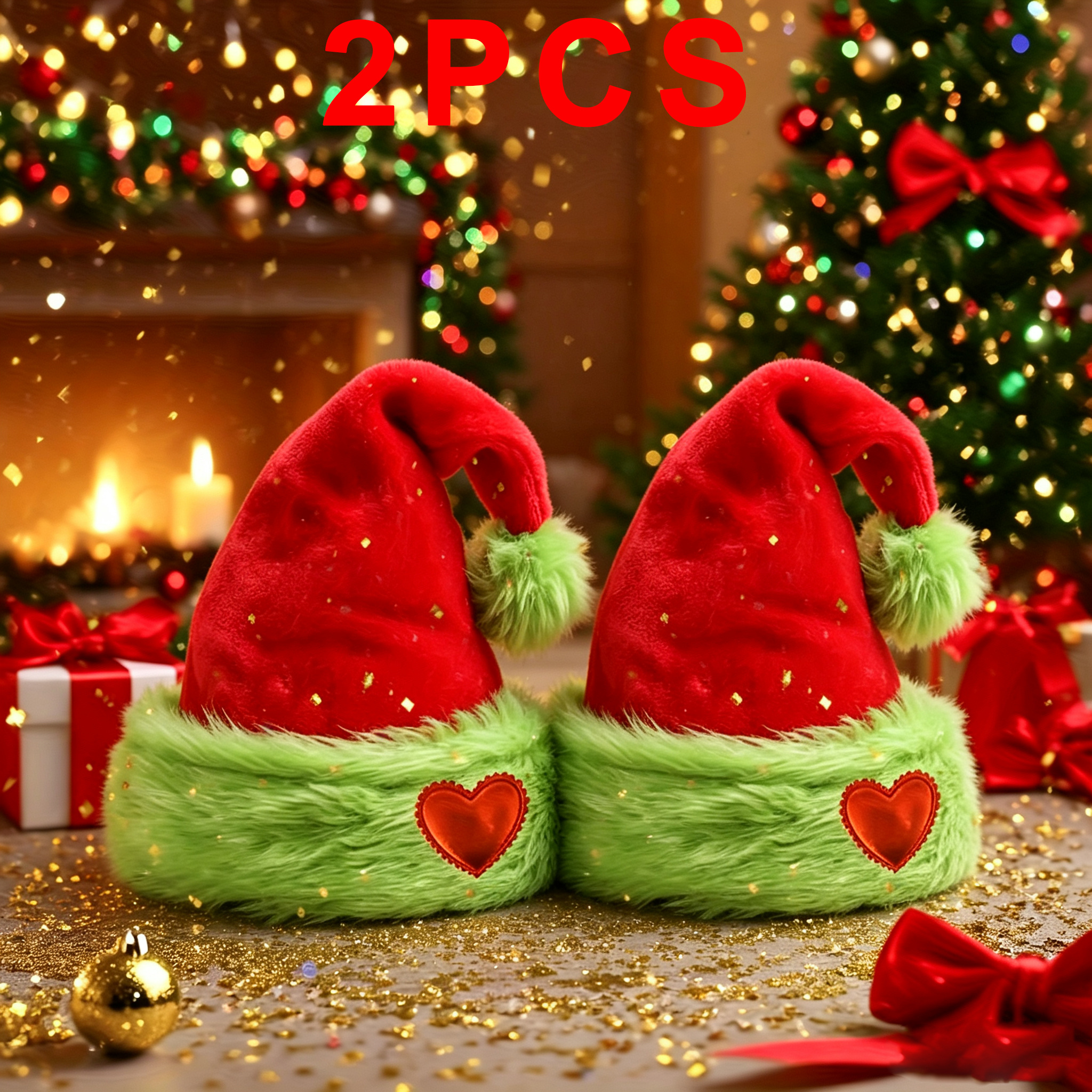TEMU 2pcs Plush Hat With Heart-shaped Brim, Fluorescent Green, With Double Layer Of Plush Pom-pom Trim - Suitable For Holiday Parties, Christmas