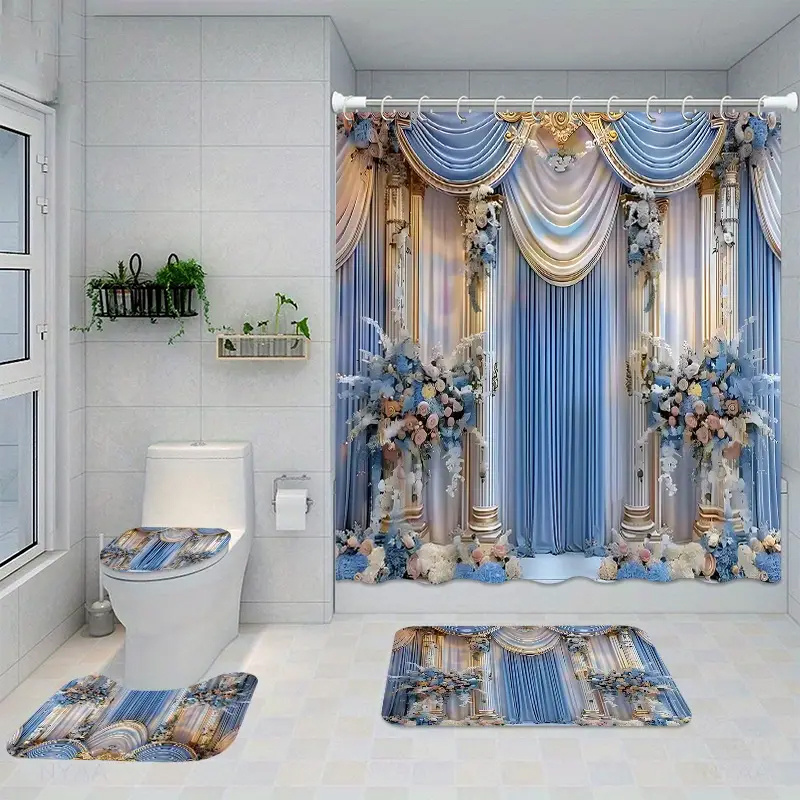 

4pcs Stage Print Bathroom Curtain Set, Decorative Bathroom Set Including Waterproof Shower Curtain, Non-slip Bath Mat, Toilet Seat Cover, Bath Mat And 12 Plastic Hooks, Bathroom Accessories