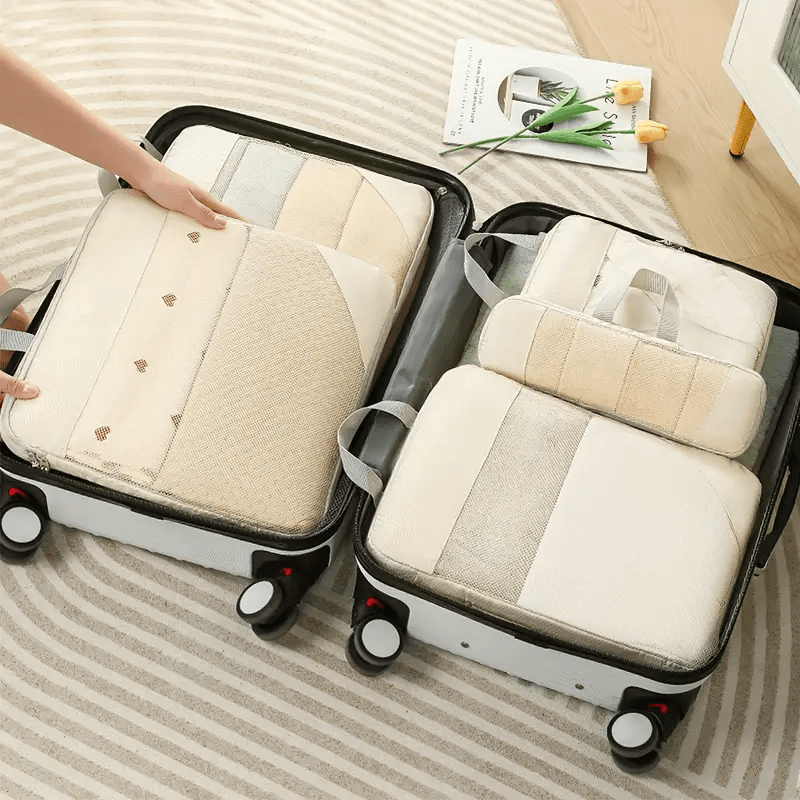 Set of 5 Lightweight Compression Packing Cubes for Travel, Durable Luggage Organizers in Beige and Black