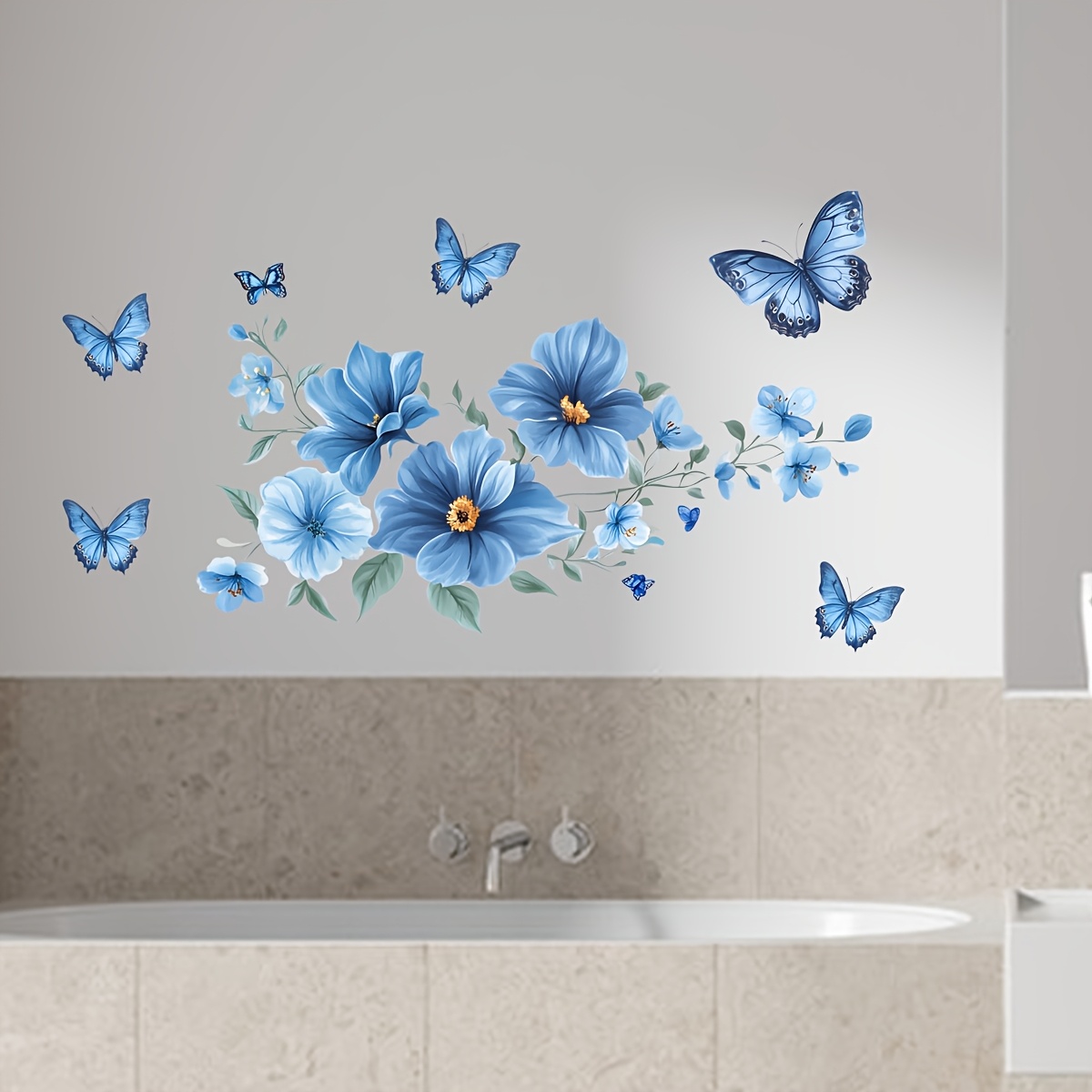 Image of Elegant Blue Floral And Bathroom Tile Wall Sticker, Suitable For Toilets, Bathtubs, Windows, And Home Wall Decoration. Waterproof, Peel-and-stick