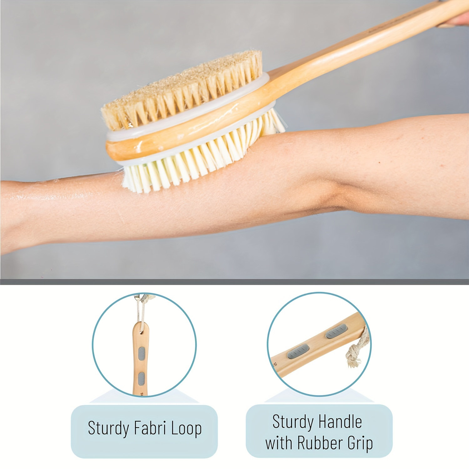 dual sided bath brush with a long handle brown bristle body scrubber removes dead skin     cleanses non absorbent suitable for lotion application no power required   in all   Product details 2