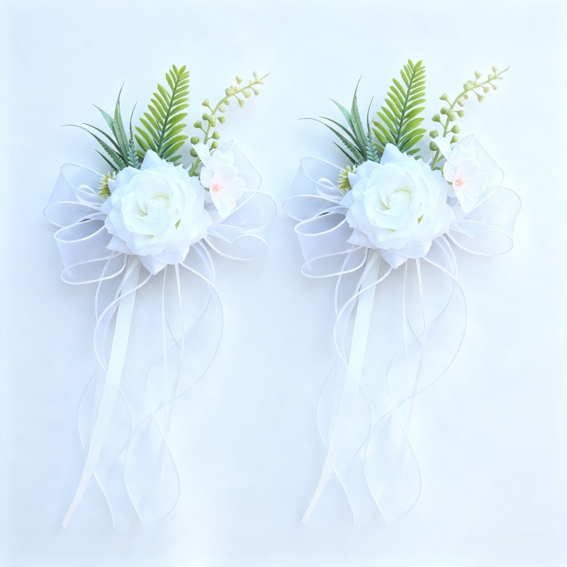 TEMU 2 Wedding Car Door Handle Simulated Flowers, White Artificial Car Rearview Mirror Bouquet With Flower Bow Ribbon Decorations, New Wedding Car