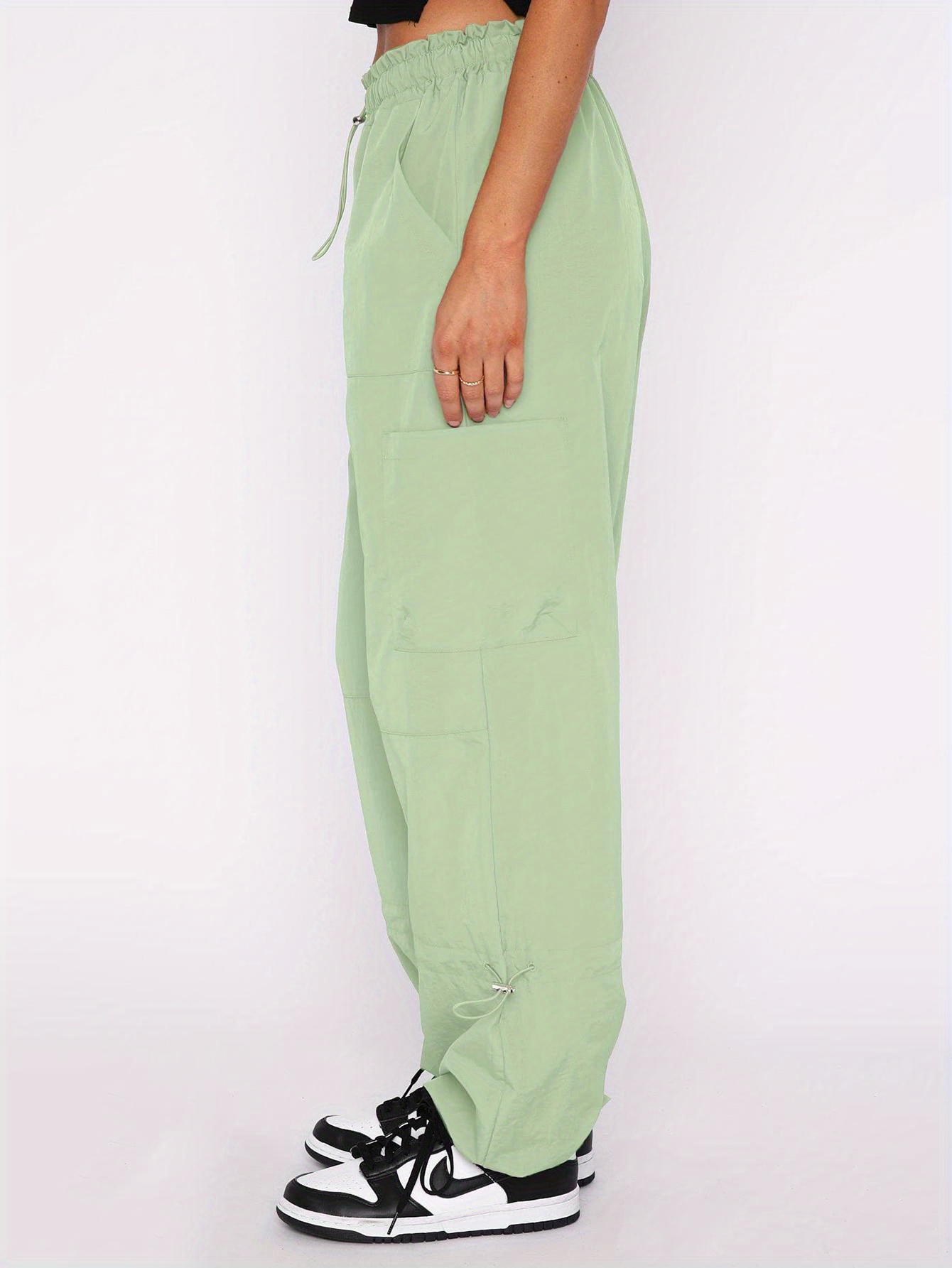 womens plus size light purple parachute pants loose fit   with elastic waistband drawstring casual   polyester pants with pockets light green 2