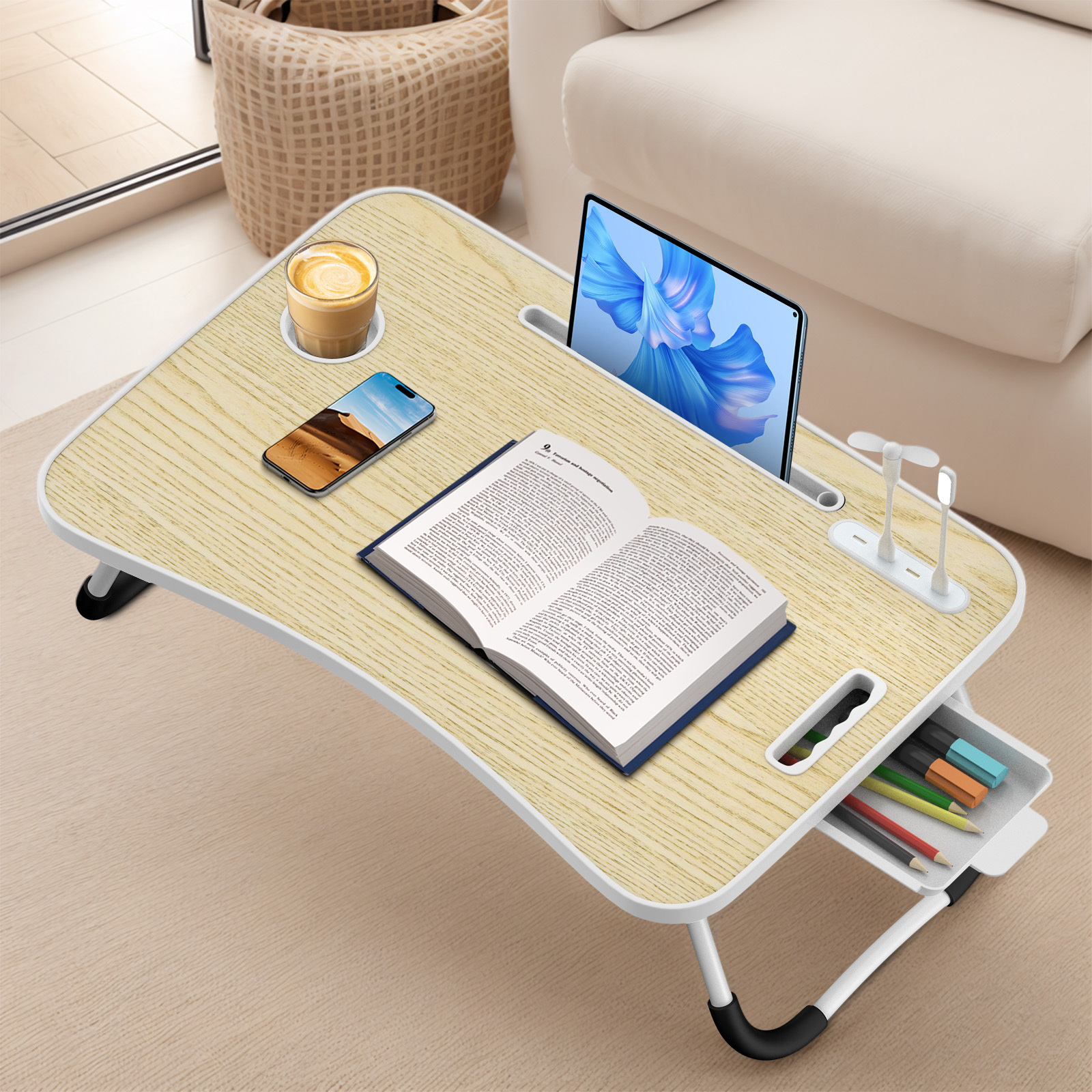 Image of Portable Bed Desk For Laptops, Featuring A Foldable Design, Cup Holder, And Serving Tray For Meals, Reading, And Work