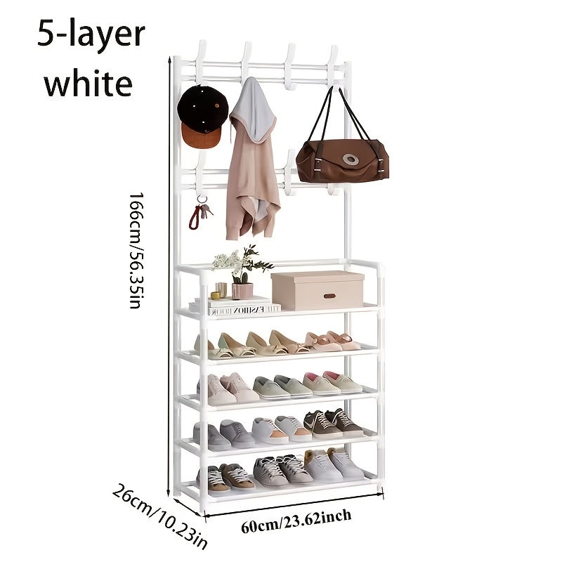 5-Tier Entryway Shelf with Metal Coat Rack And Shoe Rack, Suitable for Front Door Entryway, Entry Shoe Rack with Coat Rack, Multifunctional Entryway Storage Organizer, Suitable for Home, Hallway, Bedroom (White)