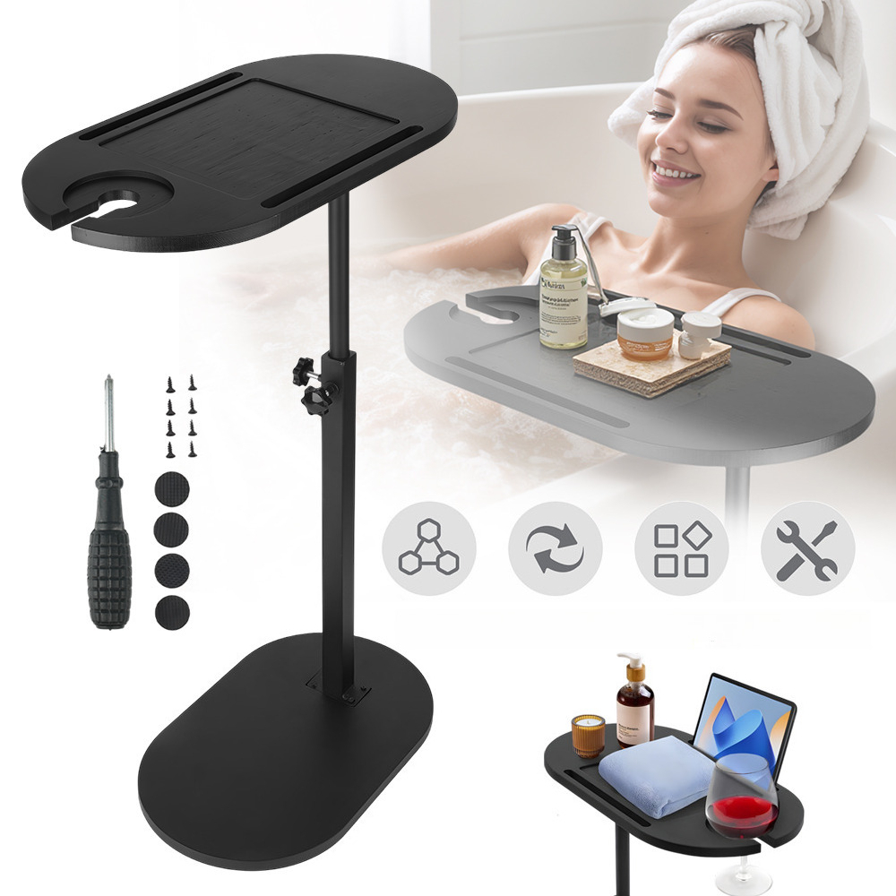 Image of Adjustable Height Bamboo Bathtub Tray Table, Freestanding Bathtub Caddy For Tub Against Wall, Tub Organizer Suitable For Luxury Spa And Housewarming Gift, Patent-protected