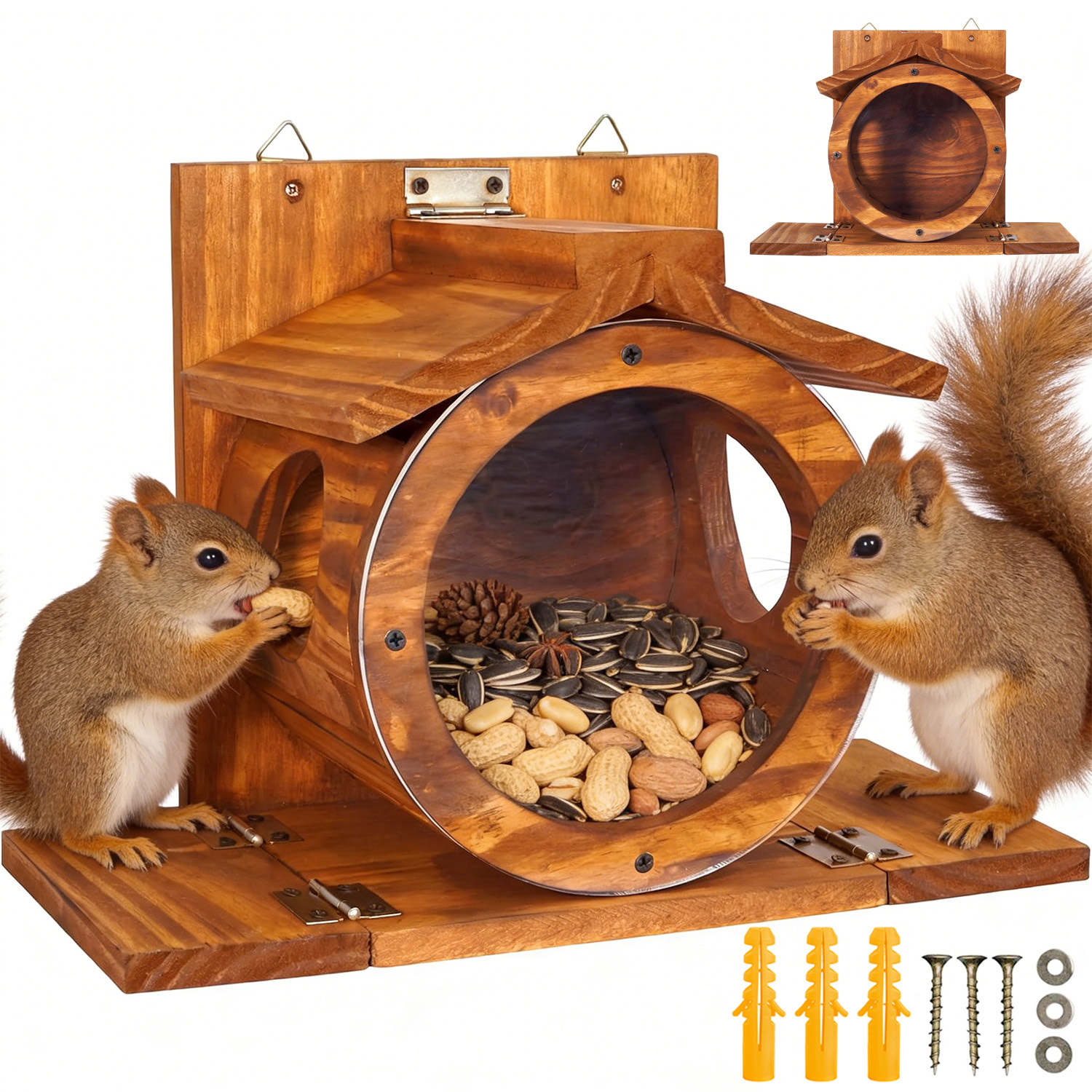Image of Wall-mounted Wooden Feeding Station With Transparent Window And Double-sided , Outdoor Yard Decor For Squirrels And Backyard Wildlife