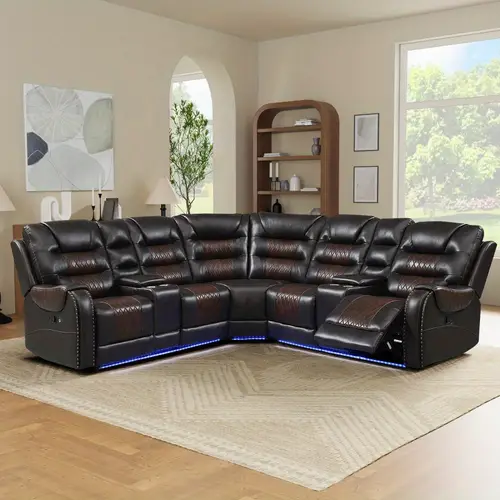 {On }{Be }112.2 Manual Reclining Sectional Sofa Set L Shaped Motion Sofa Corner Couch Sets with Storage Boxes 4 Cup Holders and Light Strip for Living Room Brown{ }