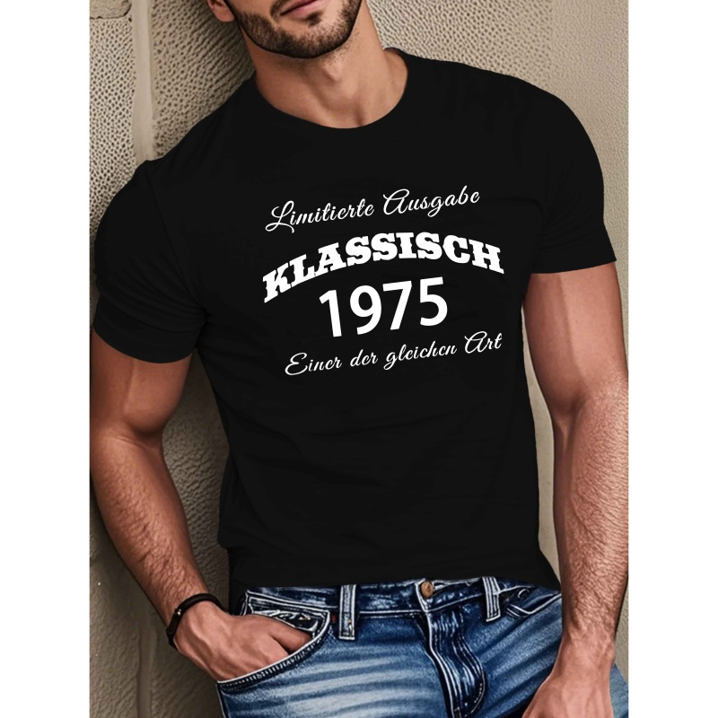 

Men's 1975 Classic Anniversary Casual T-shirt, 100% Polyester Knit Fabric, Crew Neck, Stretch, Geometric Pattern, Regular Fit, Summer Top