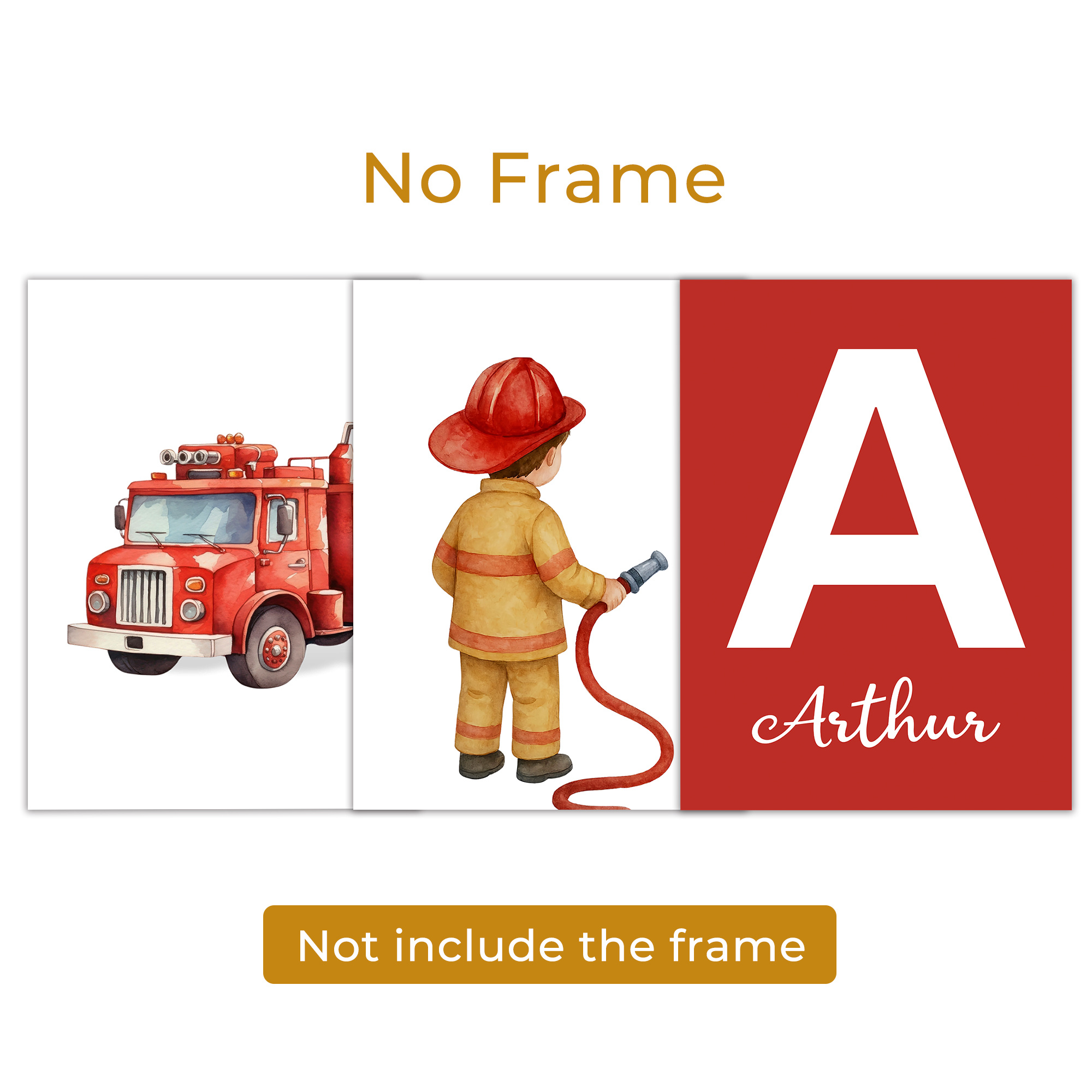 TEMU 2d Flat, 2d Flat, Customized Set Of 3 Personalized Cartoon Canvas Posters Featuring Firefighter And Fire Truck Designs, Suitable For Educational