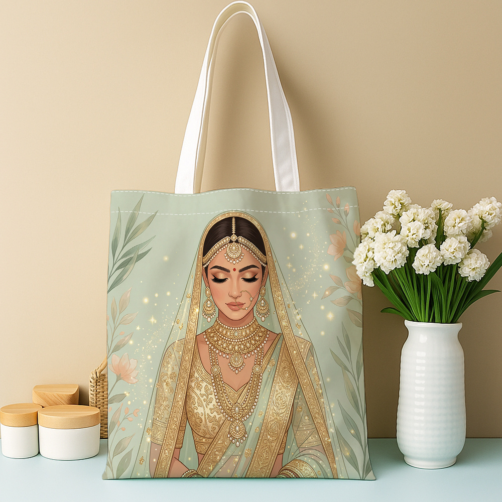 TEMU 1 stuks Indische Traditionele Decoratieve Boodschappentas - Vrouwelijke Bruidsportret Capaciteit Dames Schoudertas, Modieus Duurzaam, Perfect