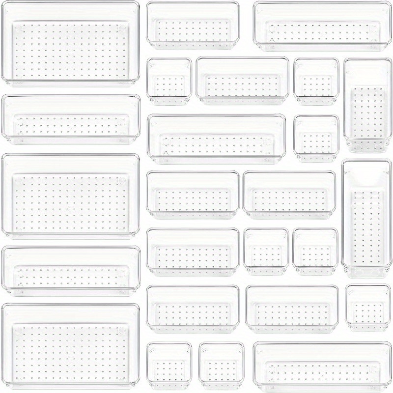 25pcs 16pcs thelife transparent plastic drawer organizer set 4 size multifunctional trays see through storage for rvs bathrooms kitchens offices stackable design for neat organization without battery 0