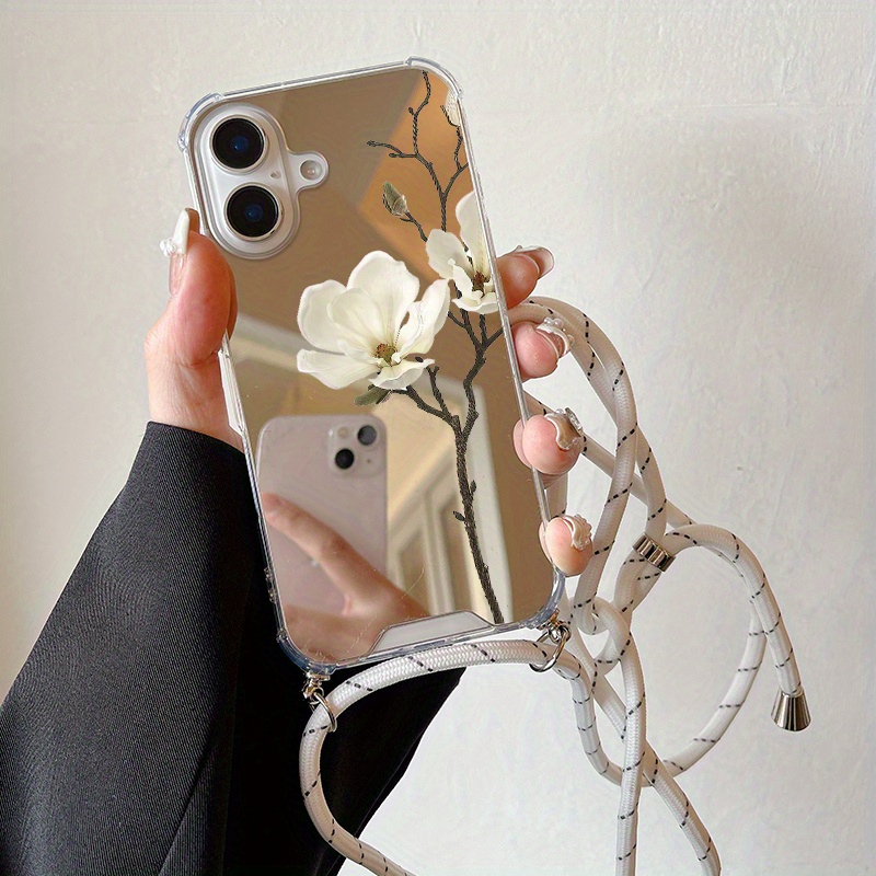 TEMU Phone Case: Luxury Creative All-inclusive Four-corner Shockproof Design Pear Pattern Mirror Hanging Cord Phone Case For Iphone 16 15 14 13 12 11