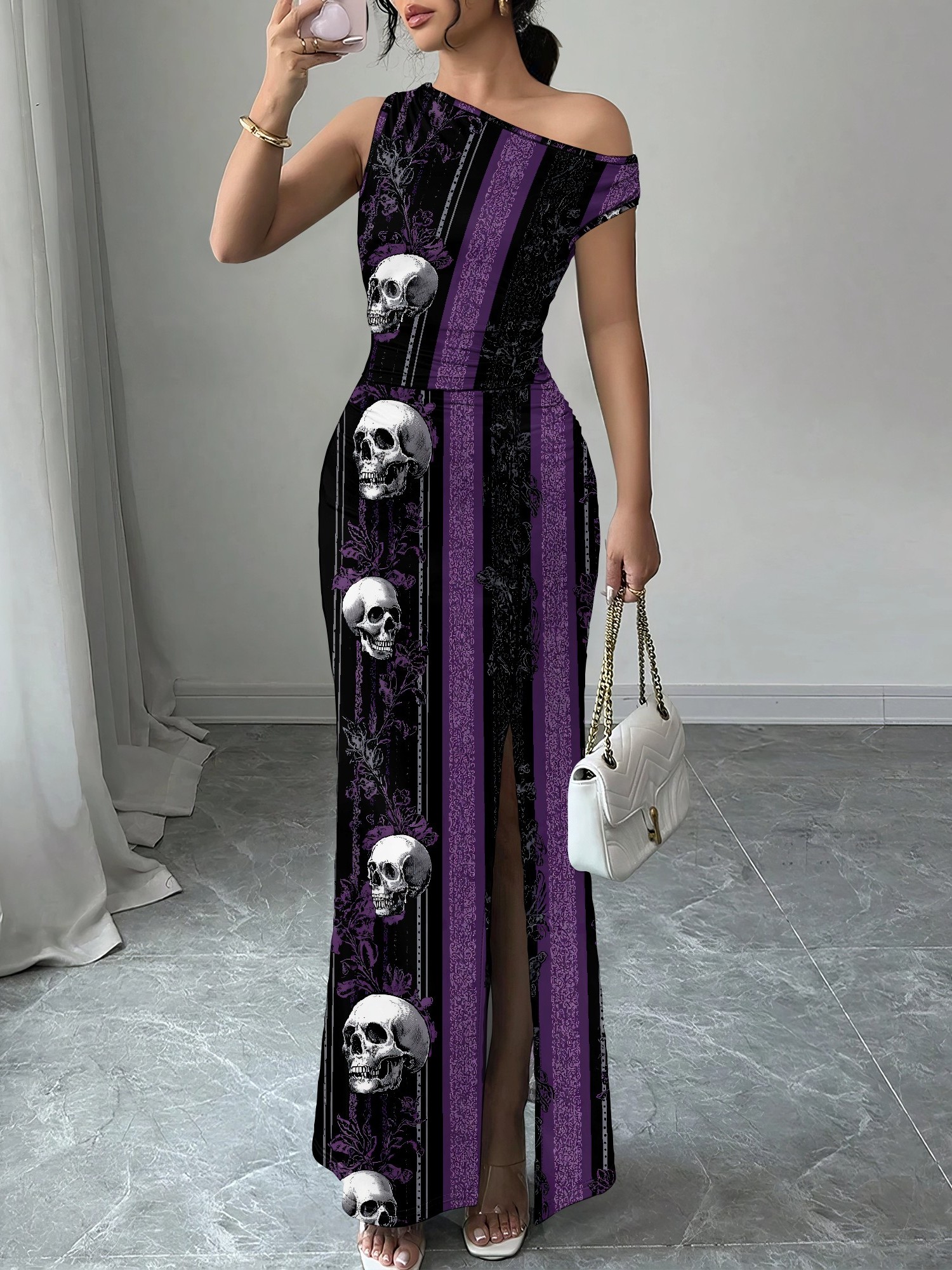 knee length dresses for ladies Women's Black Skull Long Bathrobe  Everything Skull Clothing Merchandise  and Accessories