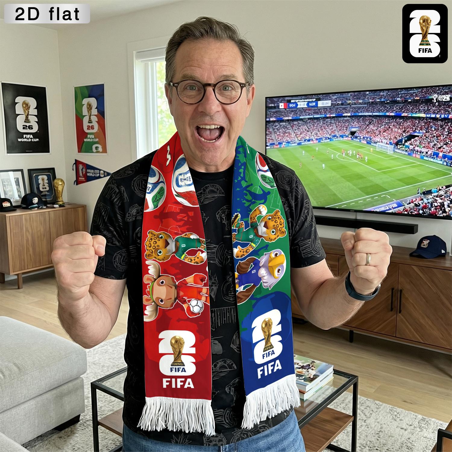 1pc 2026 FIFA World Cup Spectator Scarf (With Tassels), Mascot And Football Design, Red, Blue And Green Color Scheme, an Essential Cheering Accessory, Supporter'S Flag, Polyester