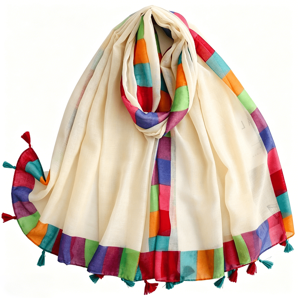 TEMU Écharpe Longue Femme Couleur Blanc Riz Frais Bordure Gland, Printemps et Été, Shawl 180 X 88Cm Grande Taille, Fibre de Polyester Douce et pour ,