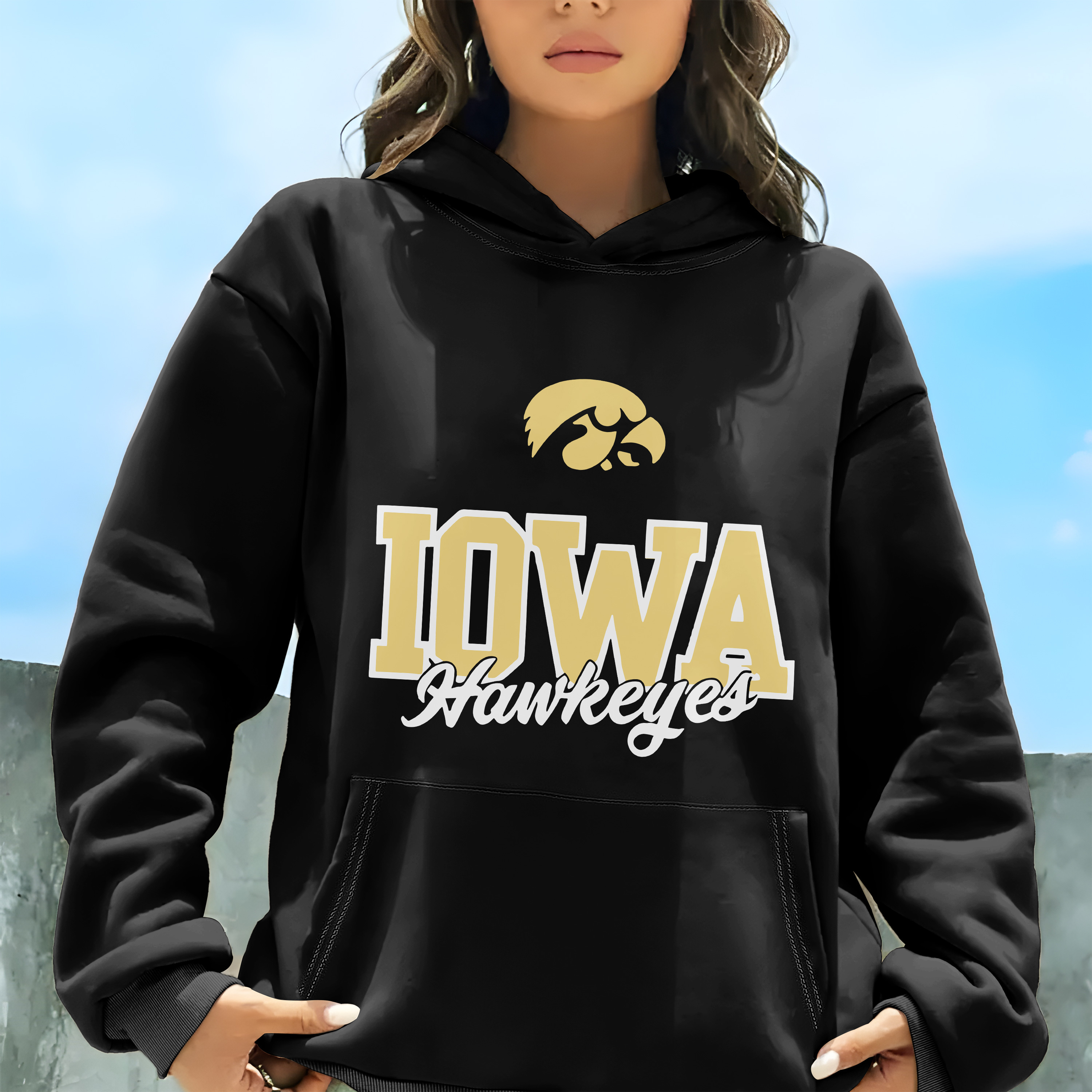 

The Iowa Graphic Crew Neck Long Sleeve Pocket Sweatshirt Print Pullover Hoodie For Women Casual, Fall & Winter, Staple