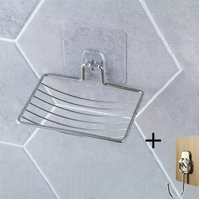 TEMU 2pcs Set: 1pc Soap Dish + 1pc Hook, Wall-mounted No-drill Soap Holder, Draining Soap Dish, Bathroom Storage Shelf, Soap Tray