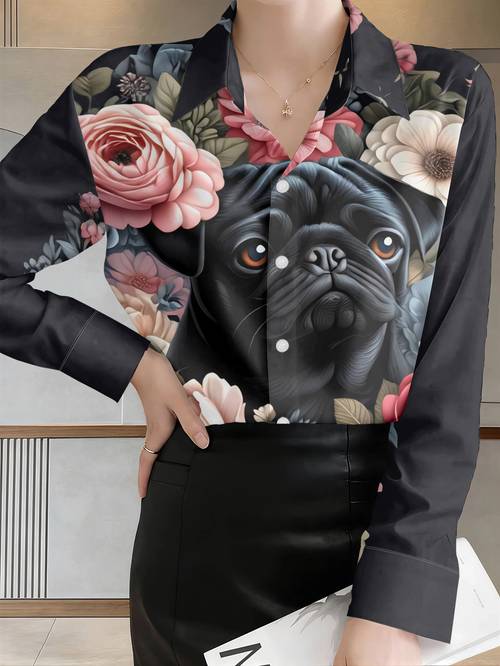 womens fashion long sleeve shirt dog surrounded by colorful flowers print tie front blouse