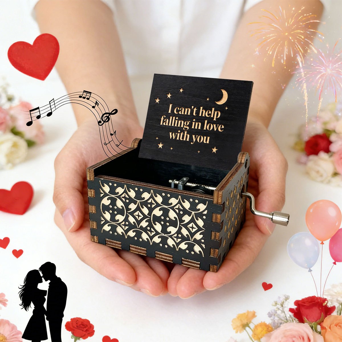 TEMU 1pc Of Carved Wooden Box With A Romantic Star And Design, Hand-cranked Sound, Home Decor Ornament, Or Birthday Gifts