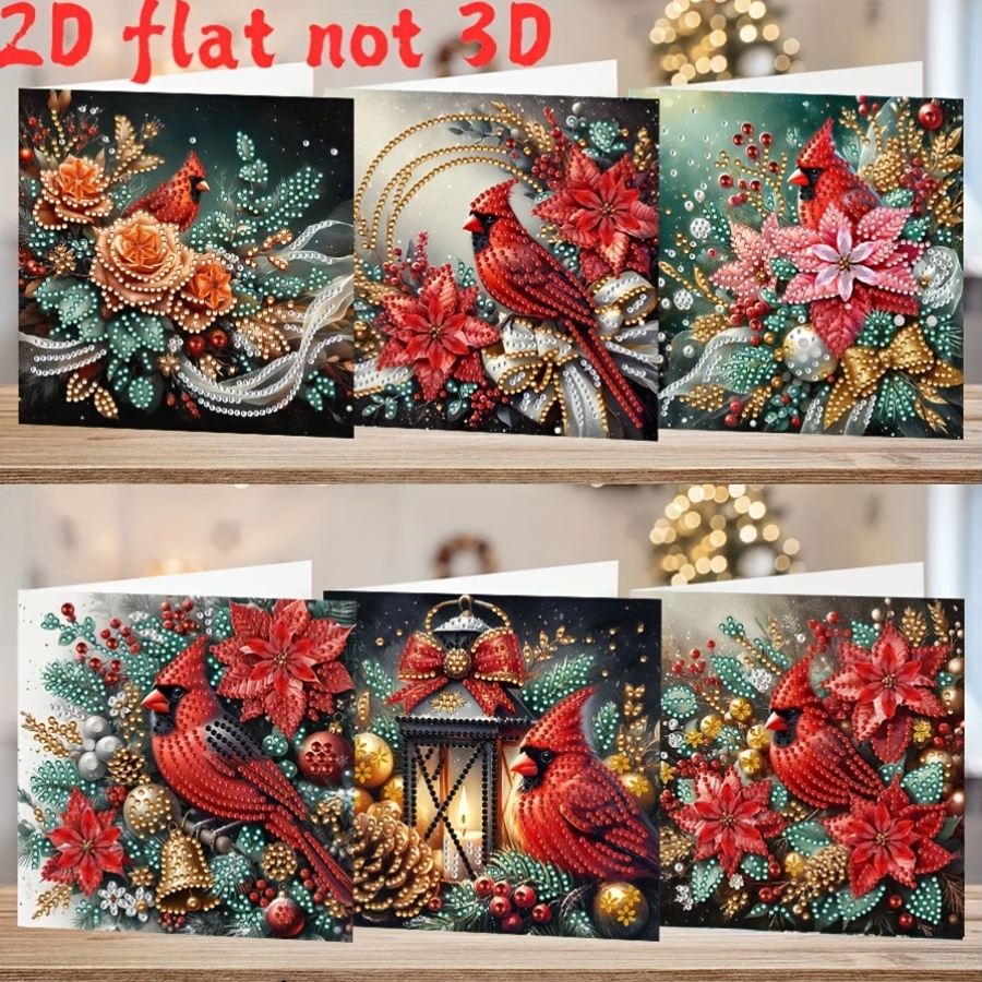 TEMU Kit de 6 cartes de vœux à faire soi-même avec peinture diamantée, cardinal rouge, bougie et fleur - de irrégulière adaptés aux adultes, messages