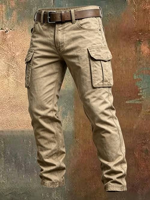 mens retro workwear style khaki multi pocket straight leg pants casual trousers with digital printing for daily commuting and outdoor activities suitable for everyday wear and casual occasions