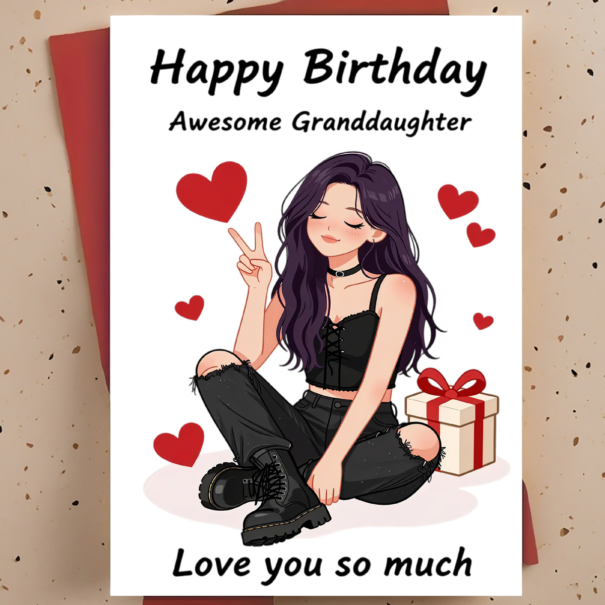TEMU 1 carte de vœux d'anniversaire douce pour petite-fille – Fille avec des cœurs rouges et une boîte cadeau, illustration de dessin animé, carte