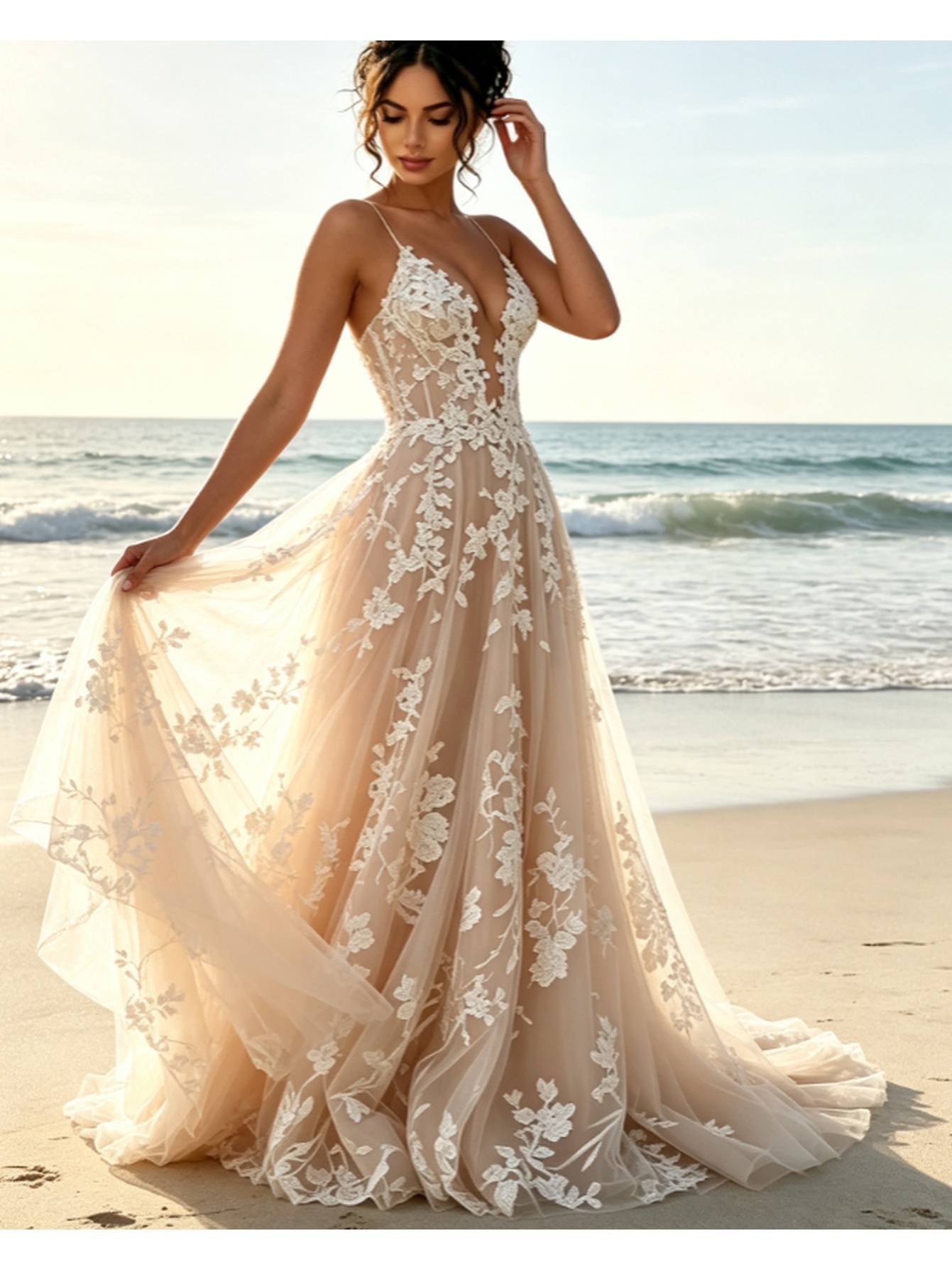 lace illusion back chiffon wedding dress Deep V Floral A-Line with Triple-Strap AL-1049 Straps & Sleeves: Sleeveless please add $25.00 Color:Fairy Tale Yellow Baby/Toddler First Birthday Outfits