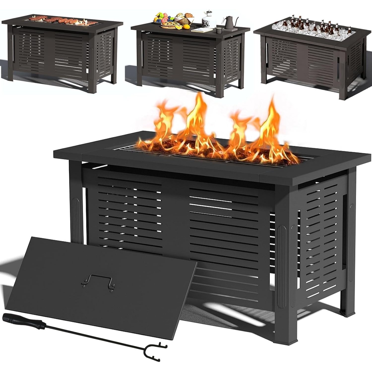 Image of Fire Pit Table, -in-one Garden Fire Pit With Grill And Tongs, 108×58×63cm. Fire Basket As A Heater And Grill, And Can Be Used As A Garden Party Dining Table