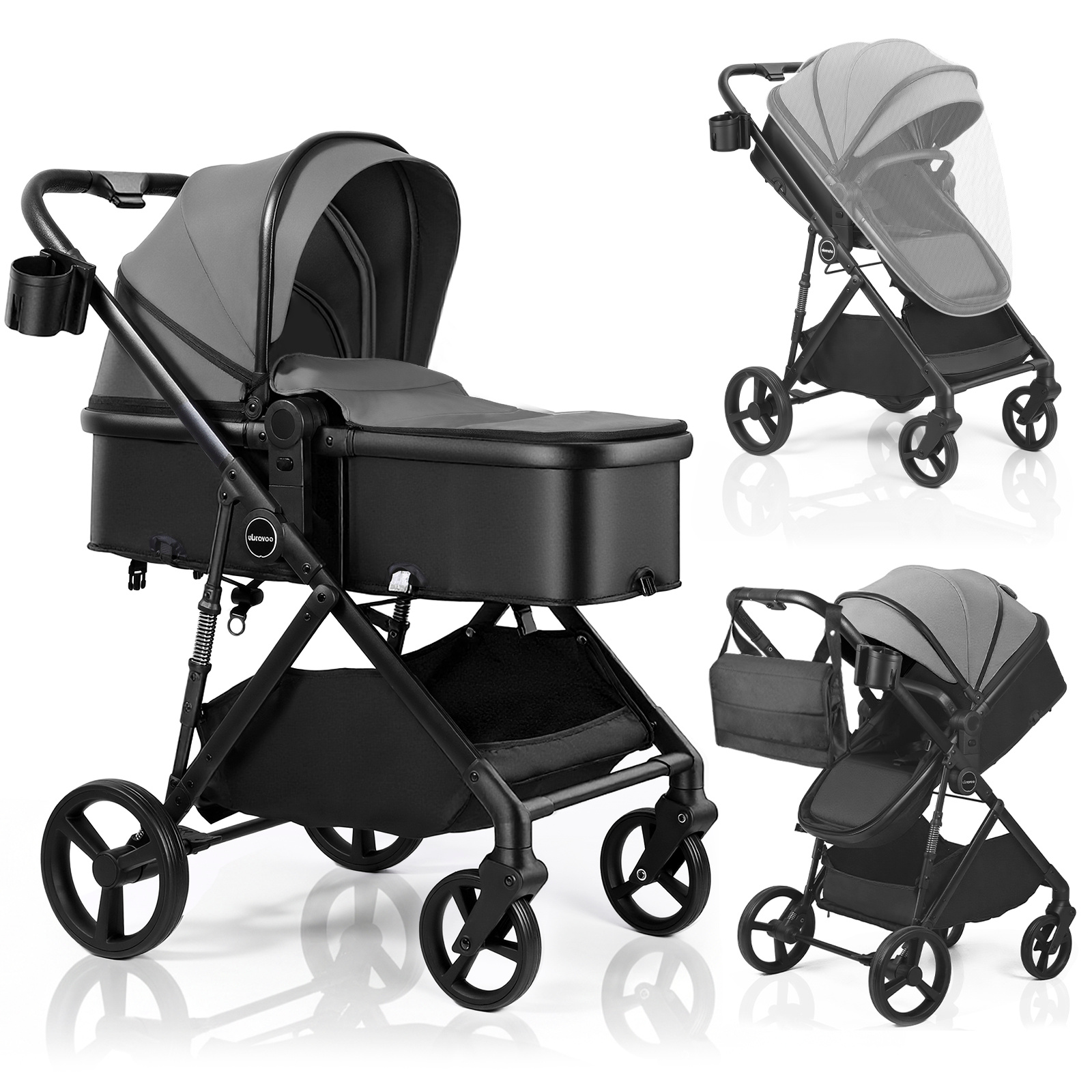 TEMU Ubravoo 2-in-1 Stroller, Foldable Newborn Stroller With Reversible Seat, Sunshade, Extra-large Storage Basket, Cup Holder, 5-point Harness,