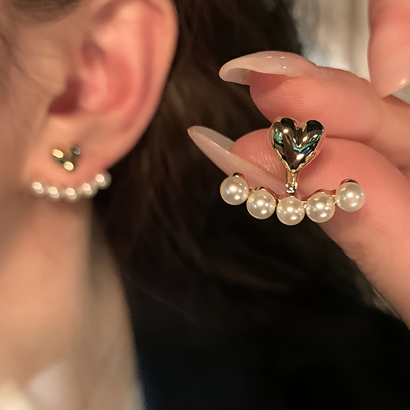 Faux Pearl Heart Stud Earrings for Women