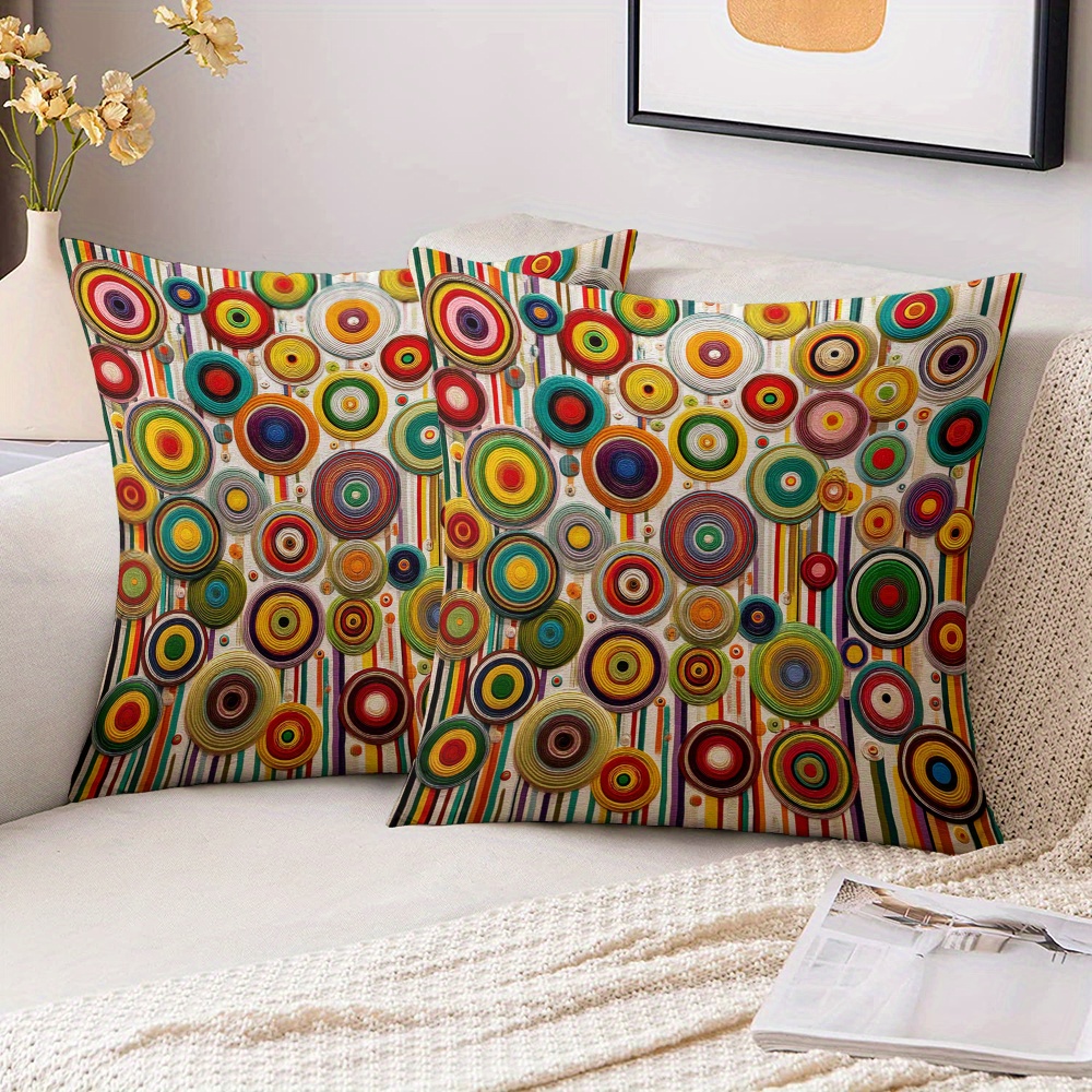 TEMU Ensemble Pièces - Housses de Coussin Décoratives Brodées à Rayures Circulaires 18x18 Pouces, Style Art pour Chambre Salon Canapé Tissu Peluche