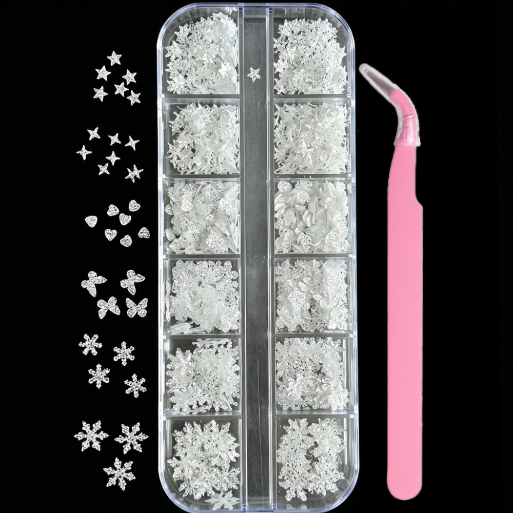 TEMU Set de accesorios para decoración de uñas con navideño de copo de nieve de 12 compartimentos: patrones de estrellas, diamantes, estrellas y