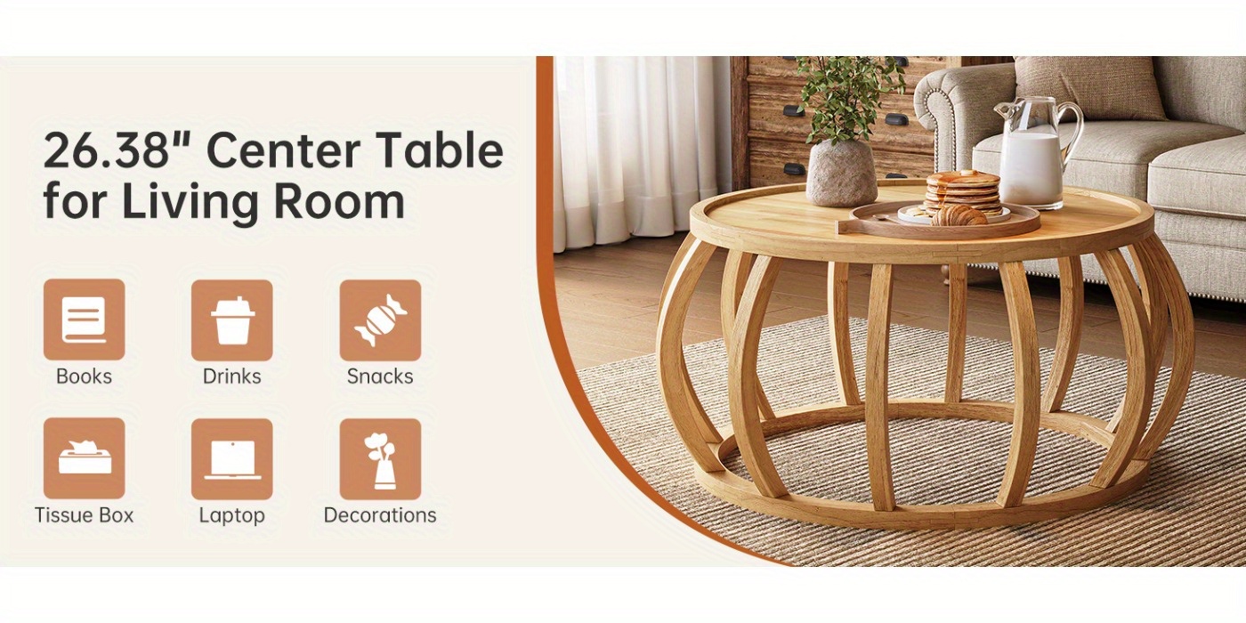 Solid Wood Coffee Table, 31.5-Inch Round Center Table with Curved Frame Base for Living Room, Easy Assembly, Natural