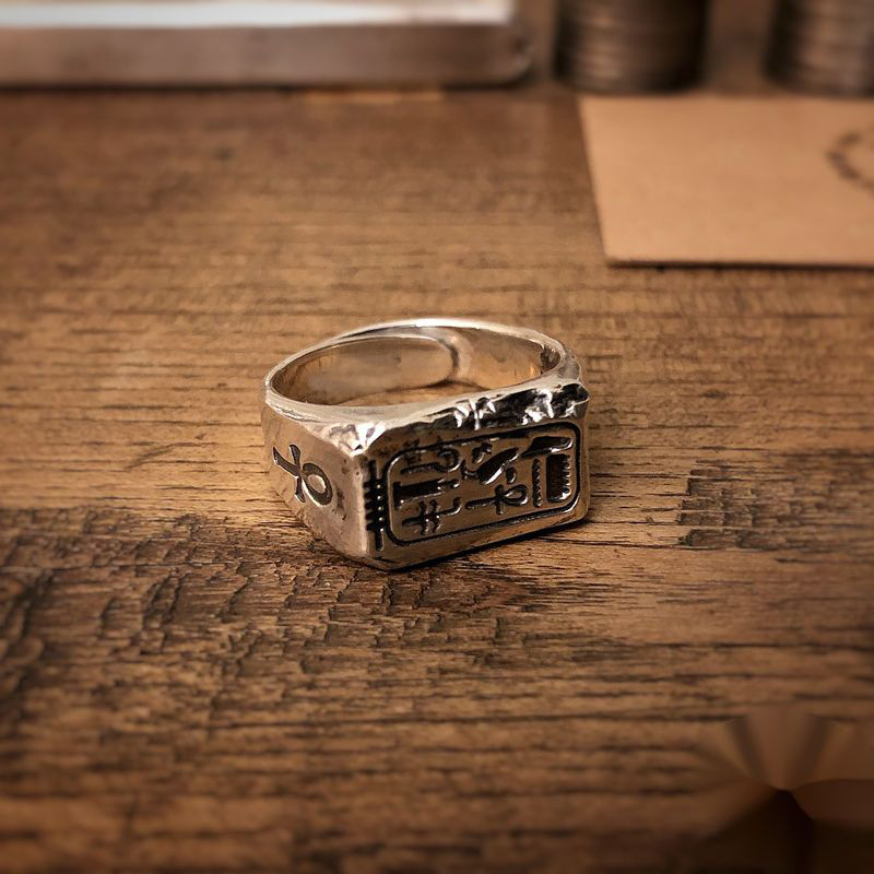 TEMU 2026 New Exotic Square Silvery Ring, Ancient Egypt Ankh Embossed Carving Street Trend Men Wide Ring