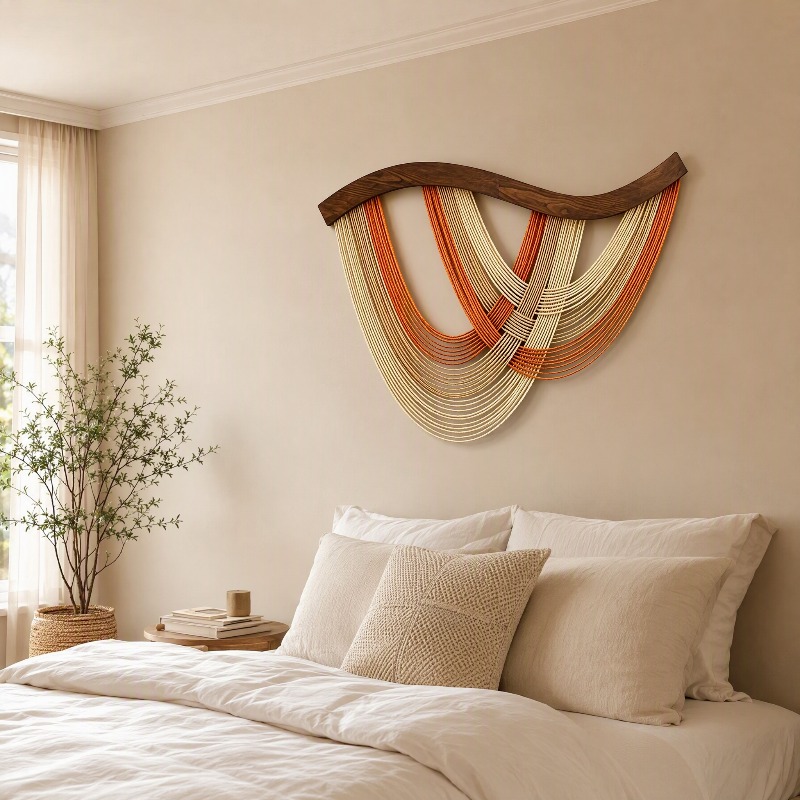 Image of Modern Abstract Macrame Wall Hanging Decor, Large Boho Rope Tapestry With Curved Wooden Base, Aesthetic Wall Art For Living Room Bedroom, Mounting Hook Included, Multiple Color