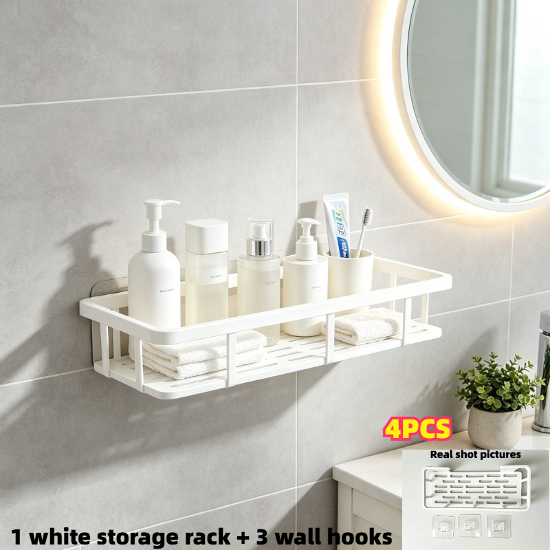 TEMU 4pcs (1pc White Shelf And 3pcs Wall Hooks) No-drill Installation High-quality White Wall-mounted Bathroom Shelf - Heavy-duty Plastic Shelf,