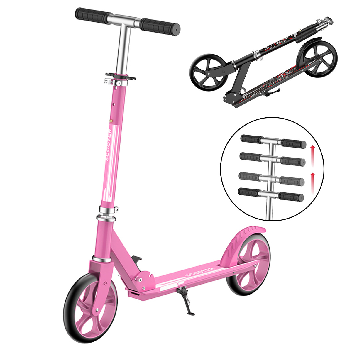 Image of 1 Set Pink 4-level Height Adjustable Foldable 2 Wheel Scooter, Thickened Frame Adult City Commuter Scooter With Foot Brake, Portable Urban Travel Scooter For Daily