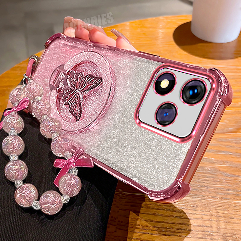 TEMU Étui de téléphone : pour Honor400 Lite Luxury Glitter Bracket Support pliant avec cordon de perles, dragonne de poignet, chaîne et étui de