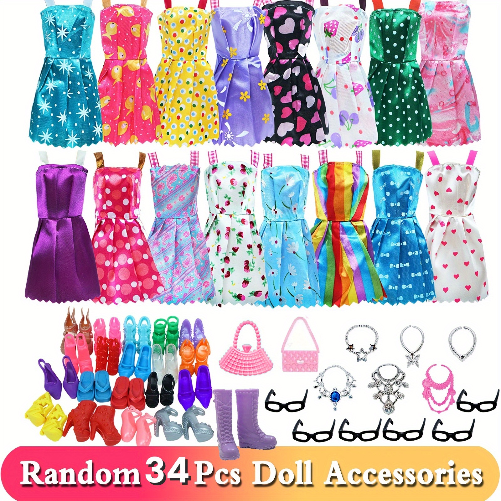 set di 42 pezzi di vestiti e accessori per bambole (10 abiti eleganti casuali + 10 di scarpe casuali + 6 collane + 6 corone + 5 occhiali + 5 grucce casuali) per bambola da 27,94 cm