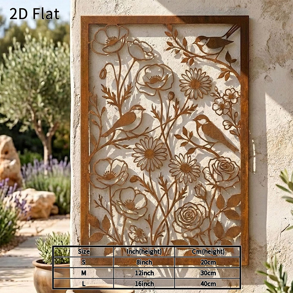 TEMU 2d Flat - 1pc Rustic Bird And Flower Metal Wall Art 2d Flat Heavy Duty Iron Decor For Garden Patio Porch Vintage Style Waterproof Hanging Plaque