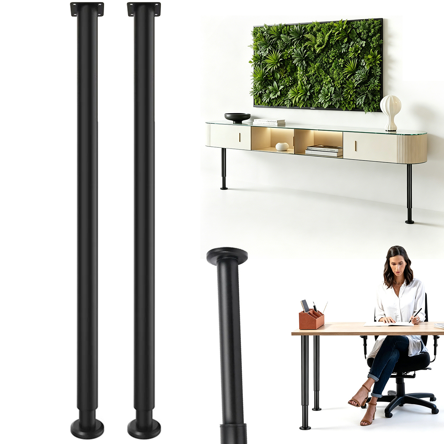 Image of Set Of 2 Iron Furniture Legs - Adjustable Height Design, Sturdy Metal Support Feet; Universal Replacement Accessories For Office Desks, Dining Tables, And Writing Desks.