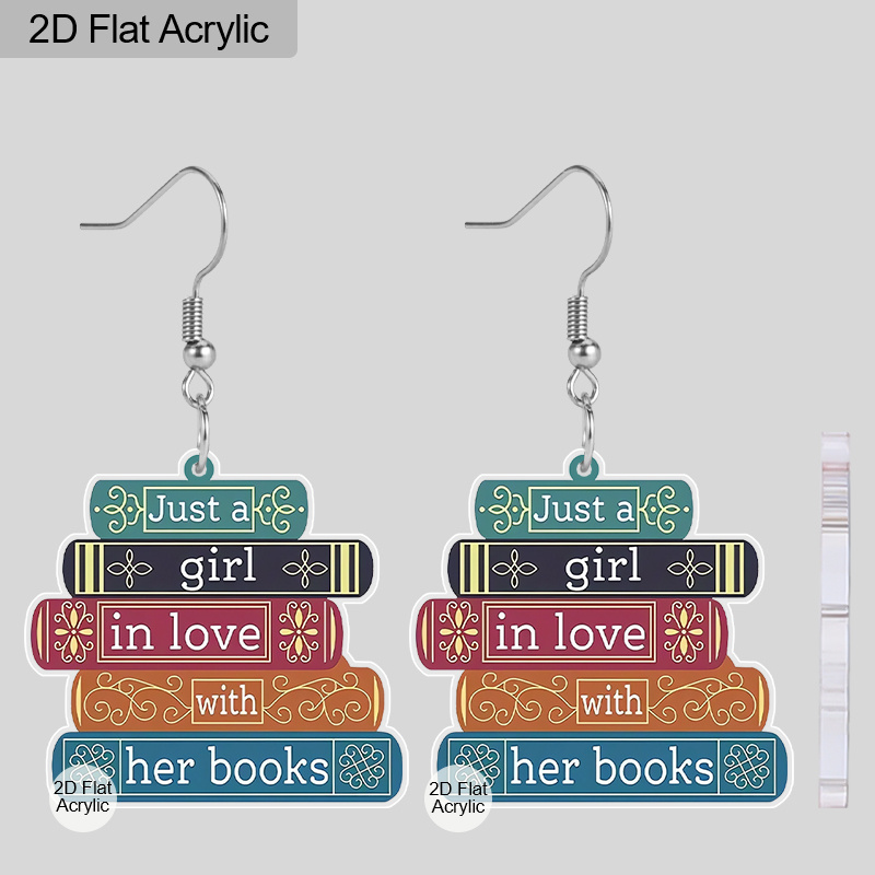 TEMU 2d Flat, 1 Pair Christmas Gift - Literary Book Design Acrylic Women's Fashion Dangle Earrings, “just A In Love Books”, Perfect For Women's