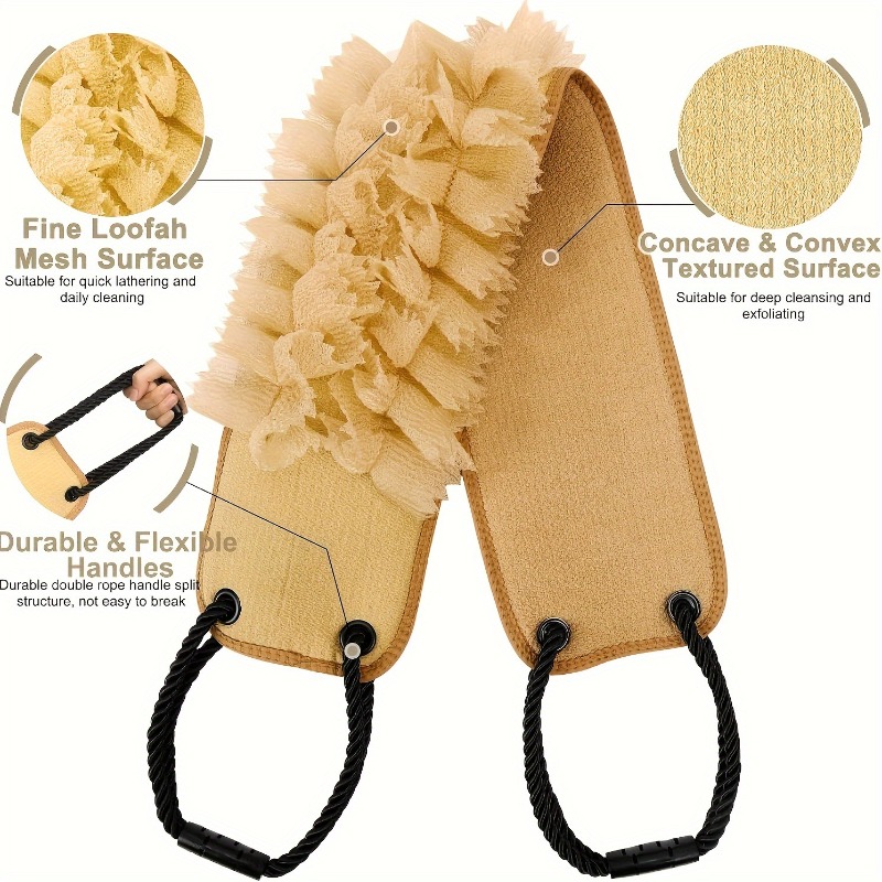 Image of Extra Long Shower Back Scrub Towel With Handles, Dual Use Mesh Loofah And Exfoliating Surface, Portable Back Cleaning Tool For Home Personal Use