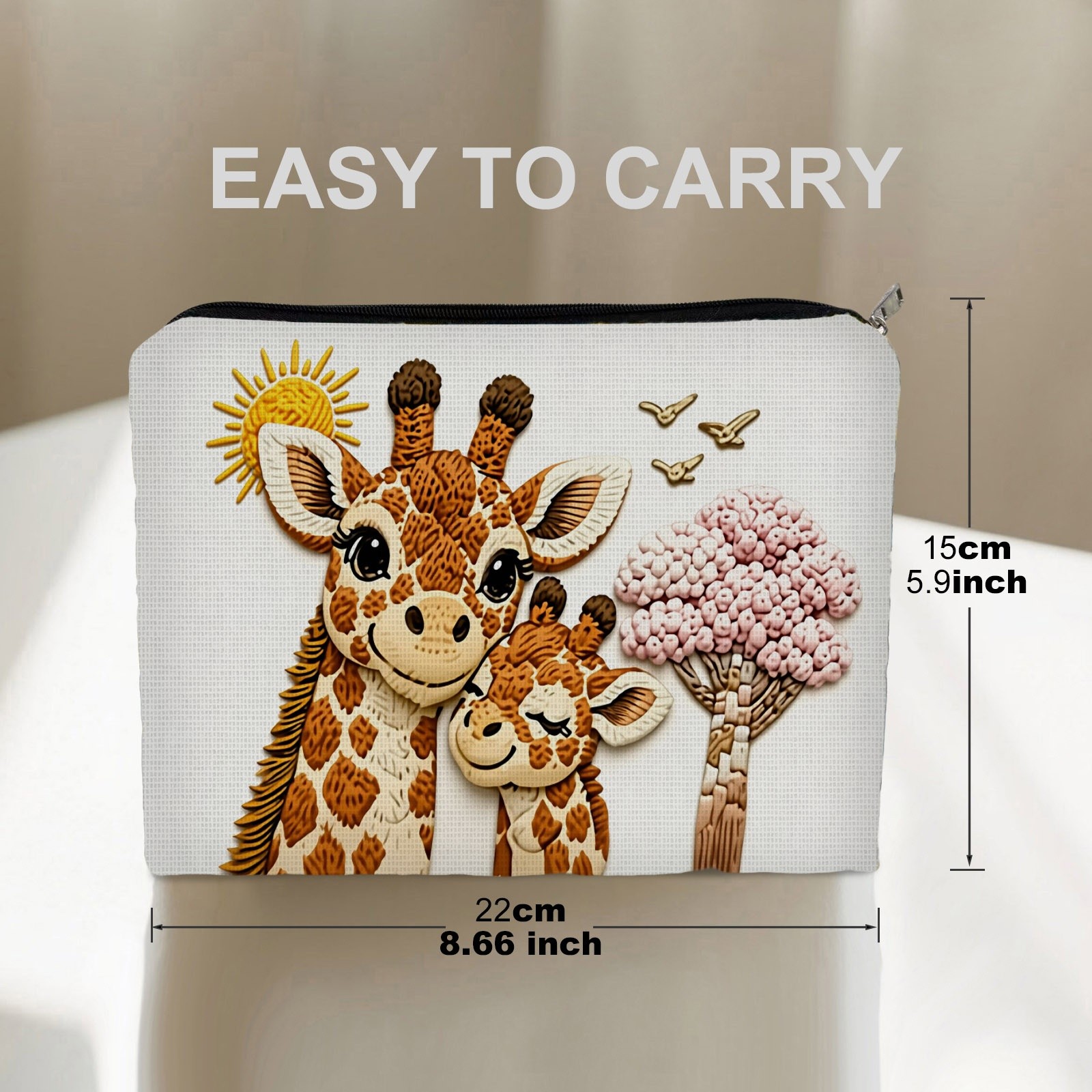 TEMU Cartoon Giraffe Pattern Makeup Bag, Double-sided Printed With Smiling Giraffe, Sun, Birds & , Durable 5.9" X 8.66" Polyester Cosmetic Pouch,