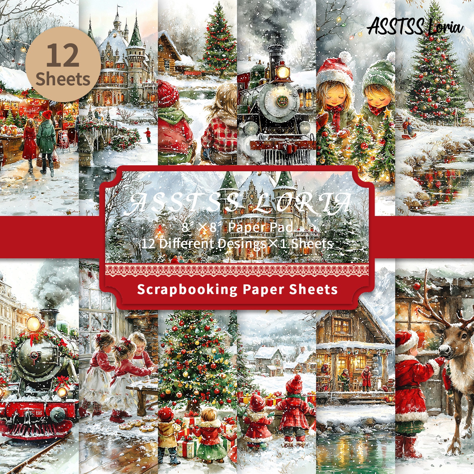 TEMU Bloc de papier de scrapbooking ASSTSS Loria 12 feuilles 8*8 pouces, fournitures de papier de support à scène de Noël, papier cartonné épais pour