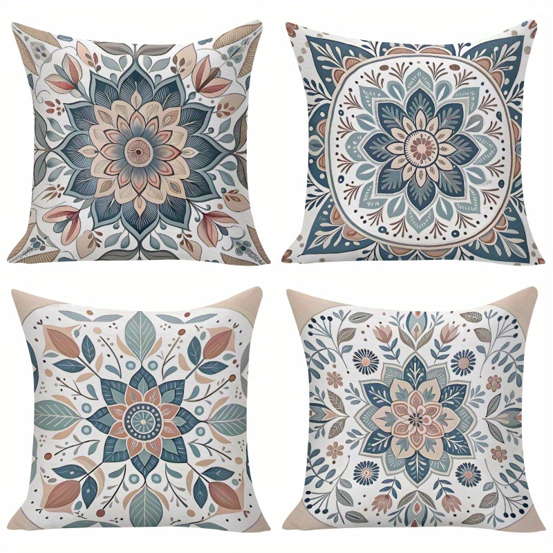 E-shop 4er-Set Kissenbezüge im ethnischen Mandala-Blumenmuster, elegante Kunst Sofa Bett Kopfstützen Kissenhüllen, geeignet für Wohnzimmer Schlafzimmer