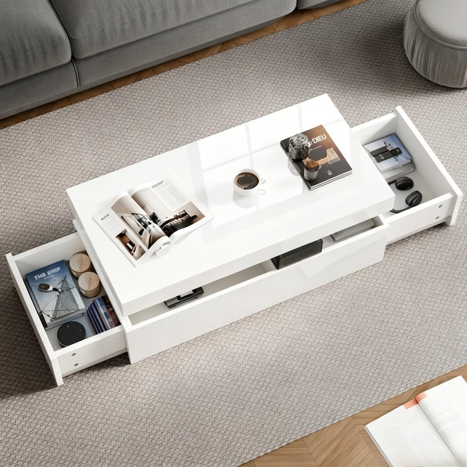 Image of Modern Coffee Table With 2 Drawers For Storage, Rectangular Side Table, Suitable For Home, Office And Living Room - White